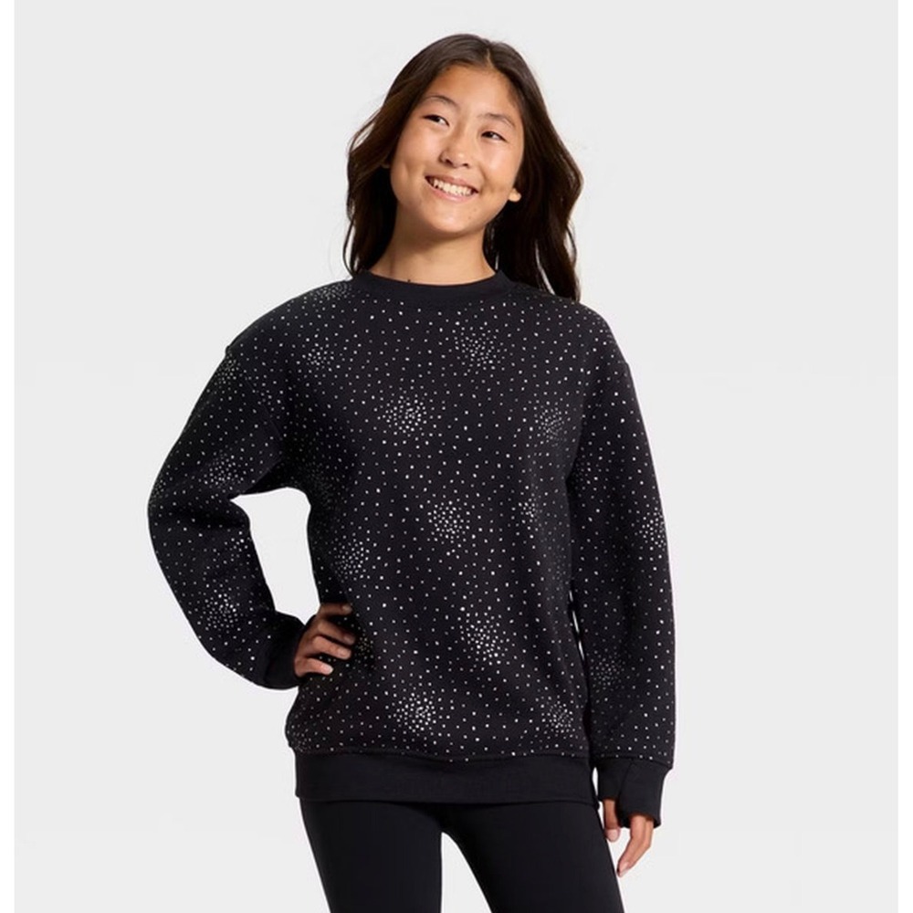 All in Motion Girls Black Silver Metallic Galaxy Crewneck Sweatshirt L 10/12 NWT